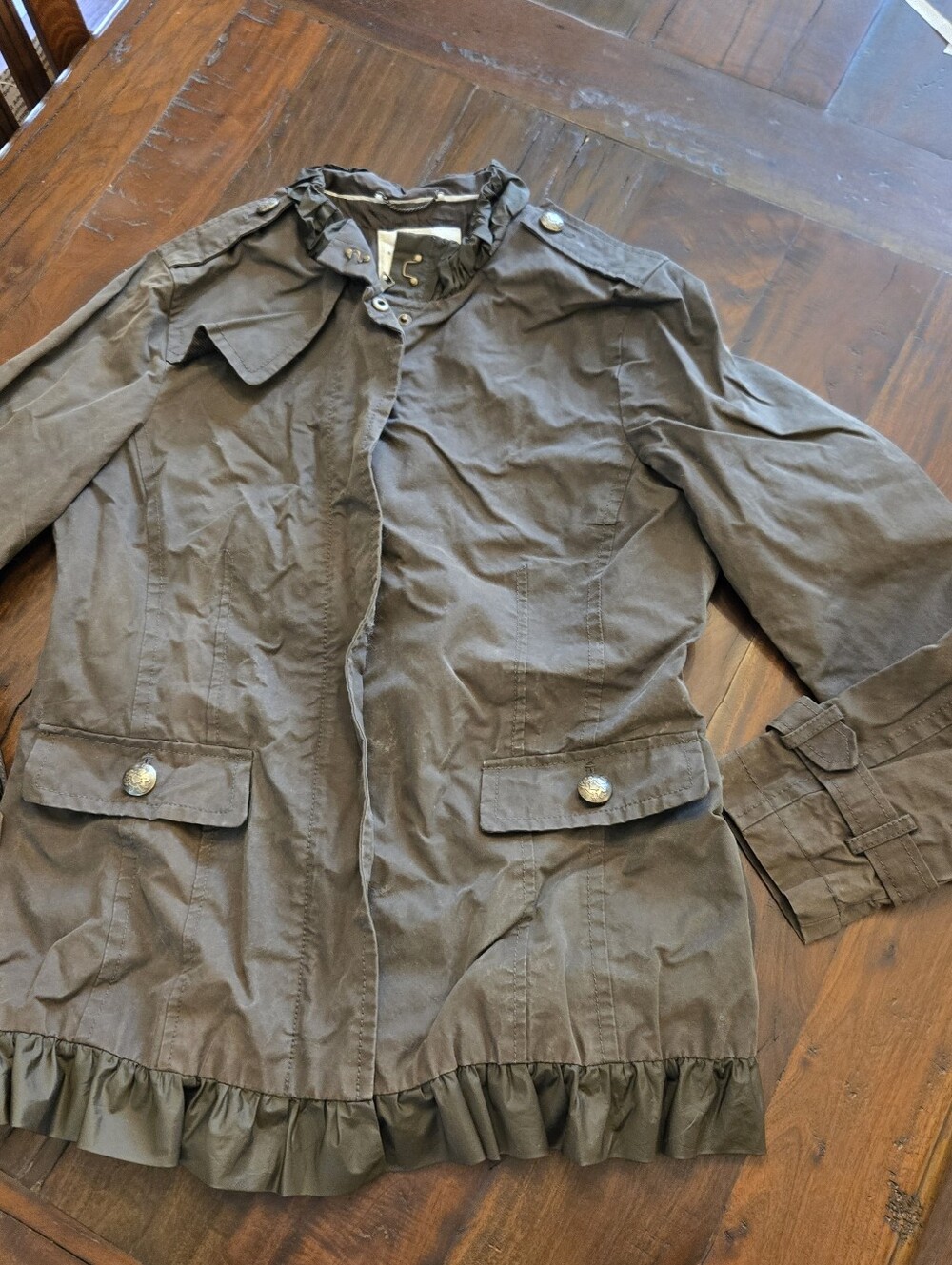 Olive Green Banana Republic Military-style Utility Jacket With Ruffles Large